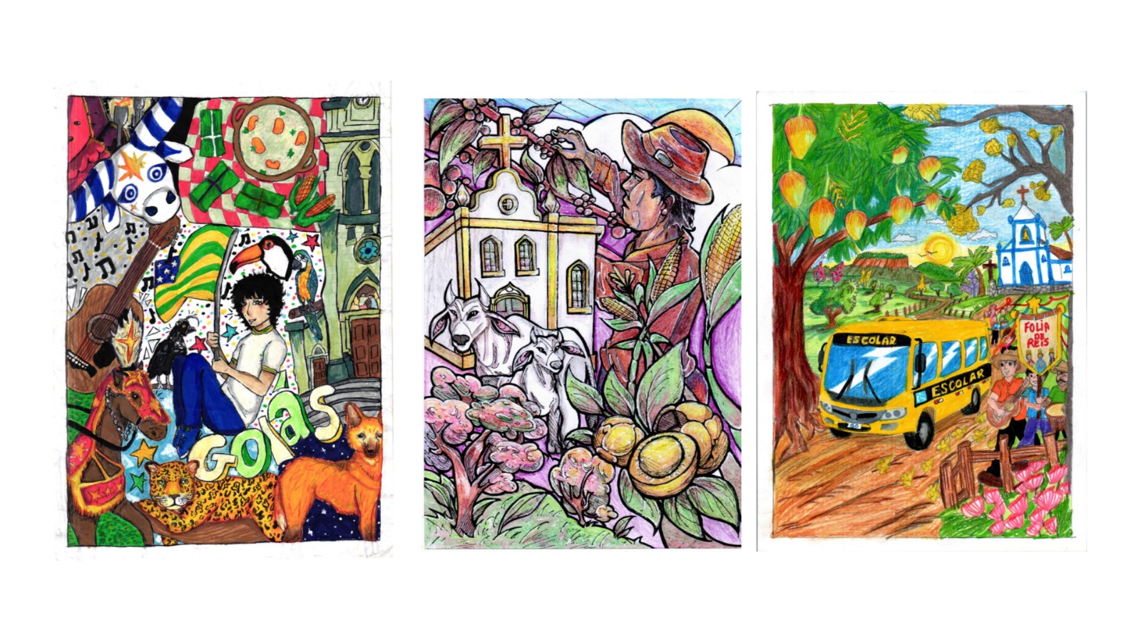 Imagens ilustrativas de alguns dos desenhos vencedores que vão encapar os cadernos da rede estadual de ensino de Goiás. O primeiro desenho ilustra um estudante da rede estadual cercado por animais do cerrado, como onça pintada, tucano e lobo guará, além de um violão, comidas tradicionais, um cavalo e uma Igreja de arquitetura colonial. O segundo desenho ilustra um agricultor próximo a uma Igreja de arquitetura colonial, a bois e a um pé de pequi. O terceiro desenho ilustra um ônibus escolar em uma área rural, há um homem tocando violão e uma Igreja de arquitetura colonial ao fundo.