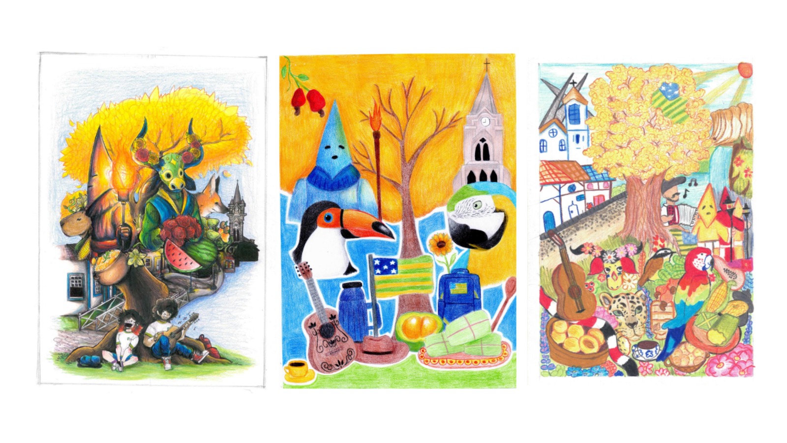 Imagem ilustrativa de alguns dos desenhos que vão encapar os cadernos da rede de ensino estadual. O primeiro desenho ilustra dois estudantes da rede pública cantando e tocando violão em baixo de uma árvore, e ao redor de elementos da cultura goiana e da natureza do cerrado. O segundo desenho ilustra diversos elementos de Goiás, como a bandeira de Goiás, o pequi, o tucano, a arára, a pamonha, uma Igreja de arquitetura colonial e um personagem da Procissão do Fogaréu. O terceiro desenho ilustra um Ipê amarelo ao centro de uma cidade colonial, com casas e uma Igreja de arquitetura colonial, há uma onça pintada, uma arára vermelha, uma pamonha, uma cobra coral e outros elementos.