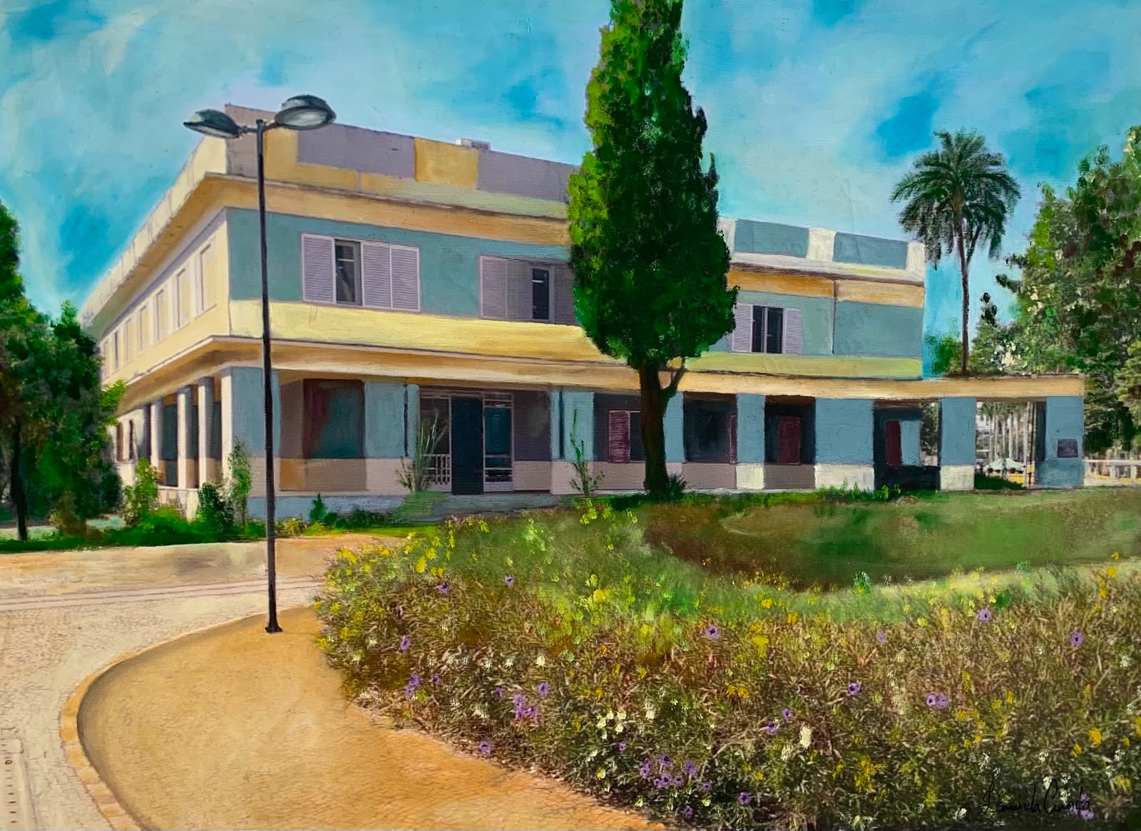 Imagem ilustrativa de uma das obras expostas no Museu Goiano Zoroastro Artiaga. A obra ilustra um prédio de arquitetura Art Déco da Praça Cívica de Goiânia.