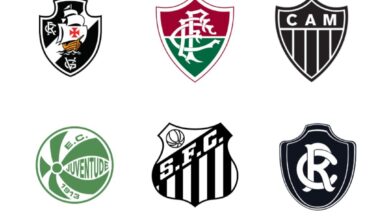 Imagem ilustrativa dos escudos dos 6 times que jogaram no dia 1 de agosto de 2026 na Copa do Brasill