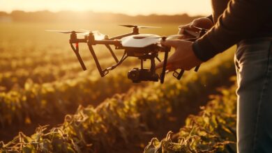 Imagem ilustrativa de um drone nas mãos de uma pessoa ao lado de um campo de plantação.