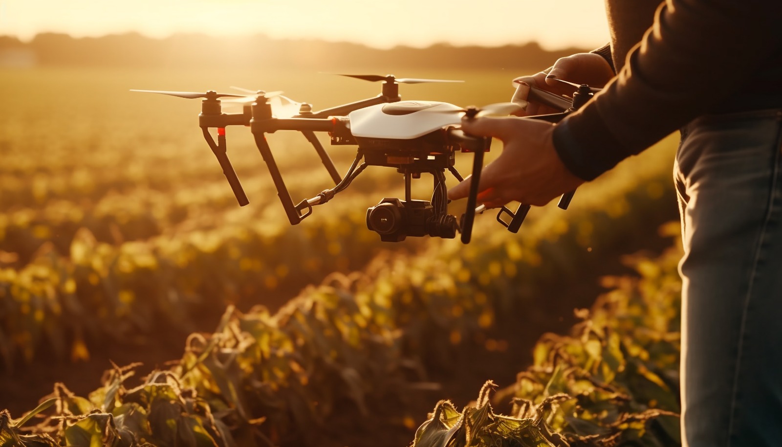 Imagem ilustrativa de um drone nas mãos de uma pessoa ao lado de um campo de plantação.